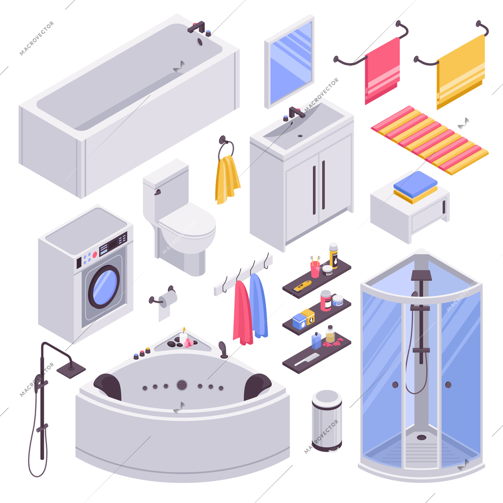 Bathroom units furniture accessories isometric set with bathtubs shower cabins cubicles towel holder sink isolated vector illustration