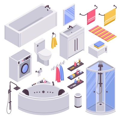 Bathroom units furniture accessories isometric set with bathtubs shower cabins cubicles towel holder sink isolated vector illustration