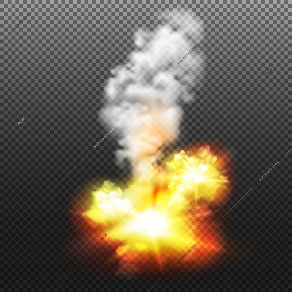 Bright explosion design on transparent background with smoke realistic vector illustration