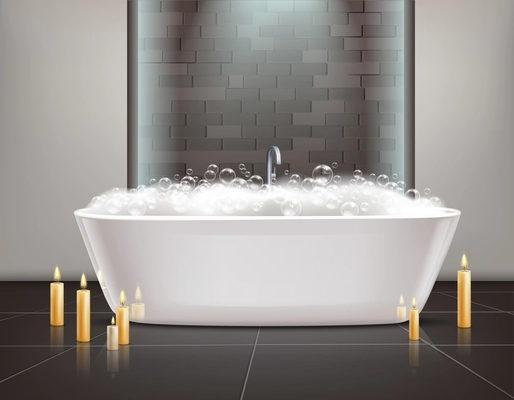 Bathroom interior design with bath foam and candles realistic vector illustration
