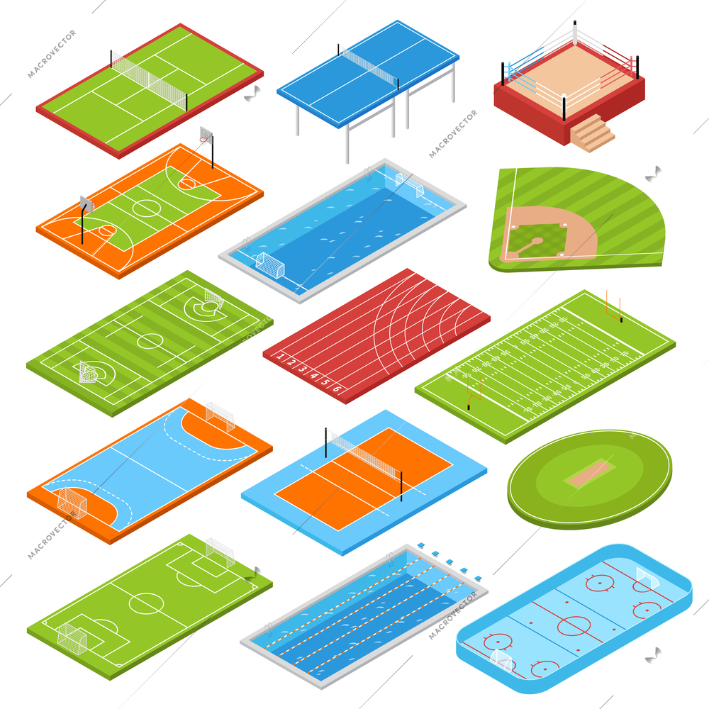 Sport clubs football soccer fields isometric icons collection with basketball tennis courts boxing ring swimming pool vector illustration