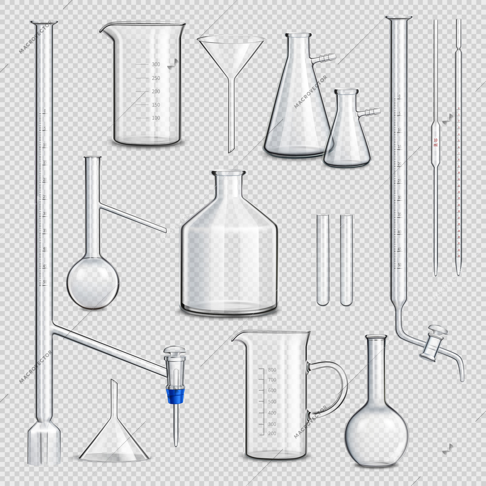 Laboratory glassware transparent set with science symbols realistic isolated vector illustration