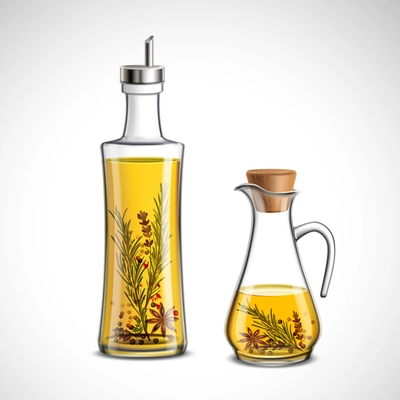 Glass bottles realistic set with oil and herbs isolated vector illustration