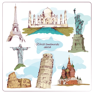 World landmark sketch set of taj mahal pisa tower isolated vector illustration