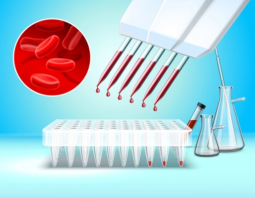 Laboratory glassware and tests composition with blood test symbols realistic vector illustration