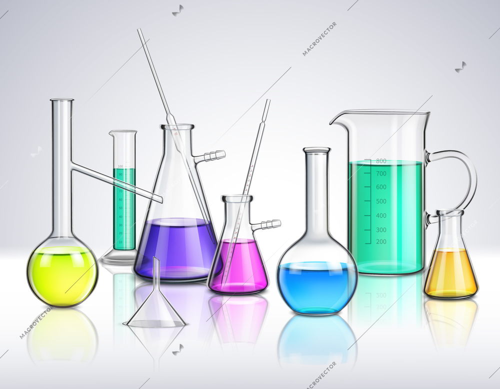 Laboratory glassware composition with liquids and experiment symbols realistic vector illustration