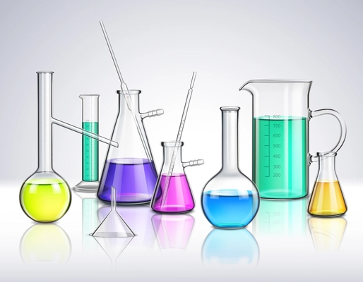 Laboratory glassware composition with liquids and experiment symbols realistic vector illustration