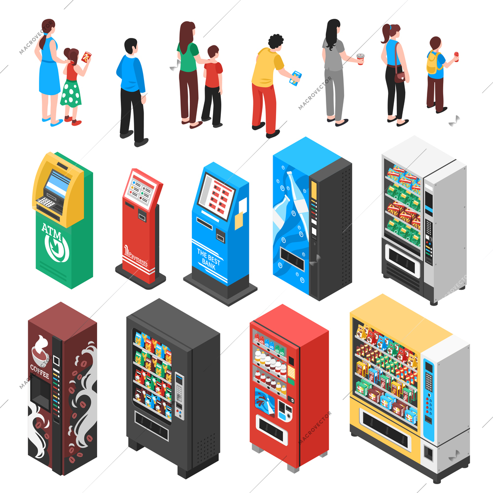 Automaticvending machines selling snacks refreshments coffee soup drinks tickets contraceptives isometric icons collection isolated vector illustration