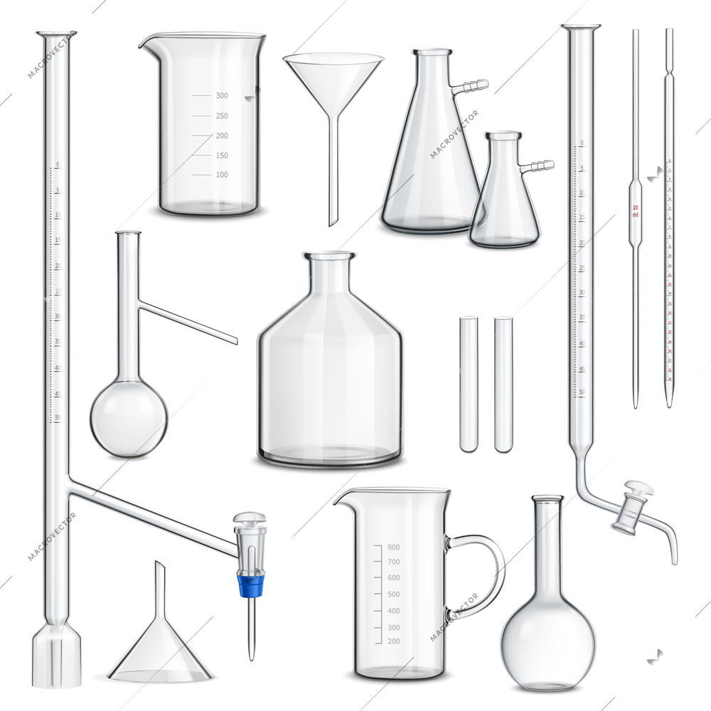 Laboratory glassware set with science tests symbols realistic isolated vector illustration