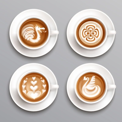 Latte coffee realistic set with art top view isolated vector illustration