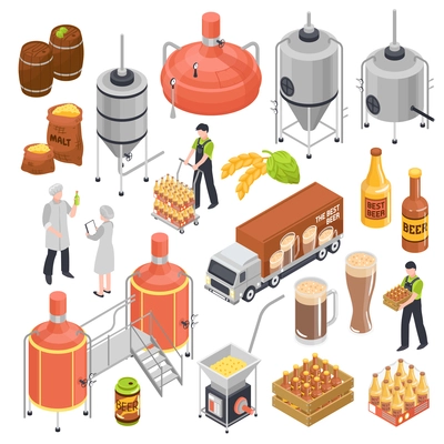 Brewery isometric elements set with barley grain hops malting boiling fermentation bottling aging transportation isolated vector illustration