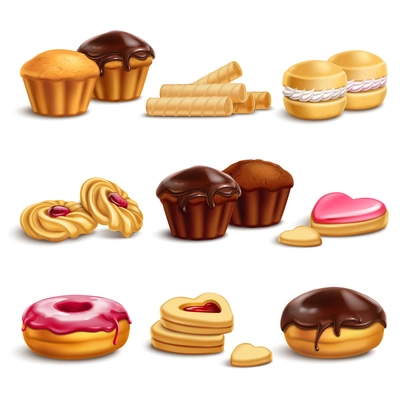 Cookies and buisquits realistic set with cream and syrup isolated vector illustration
