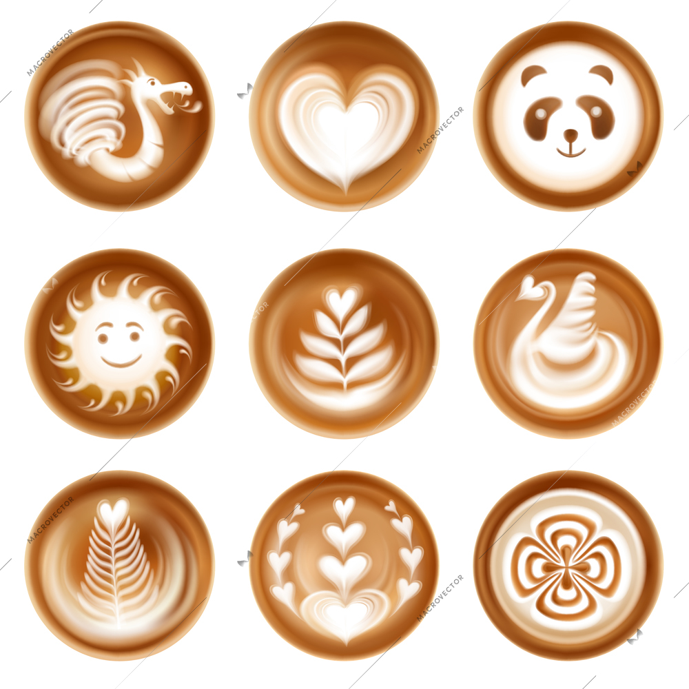 Latte coffee art realistic set with heart sun and dragon isolated vector illustration