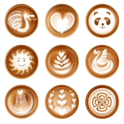 Latte coffee art realistic set with heart sun and dragon isolated vector illustration