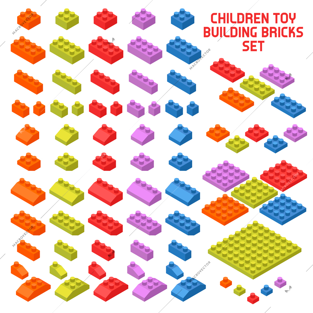 Children toy constructor isometric pieces set with colorful building bricks various shape and size isolated vector illustration