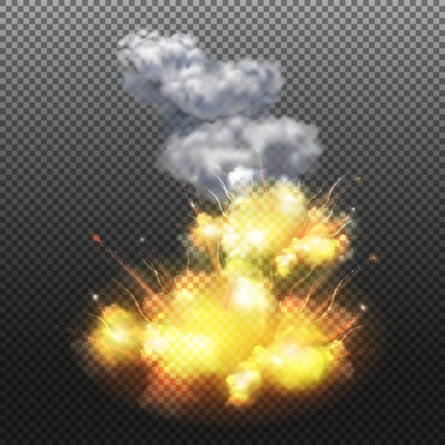 Flaming explosion composition on transparent background with smoke and flash realistic vector illustration