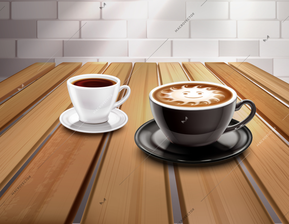 Cups of espresso and cappuccino coffee composition with sun picture realistic vector illustration