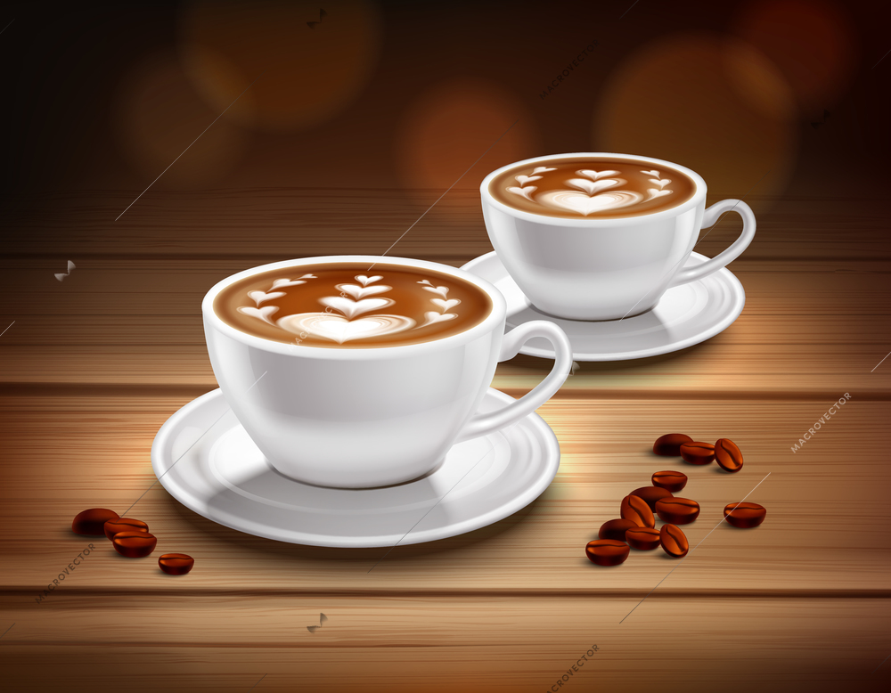 Cups of cappuccino coffee composition with hearts picture and coffee beans realistic vector illustration