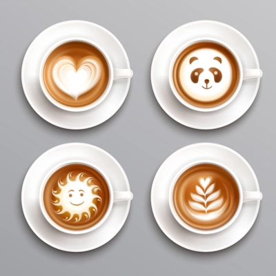 Latte coffee art realistic set with cup and saucer isolated vector illustration