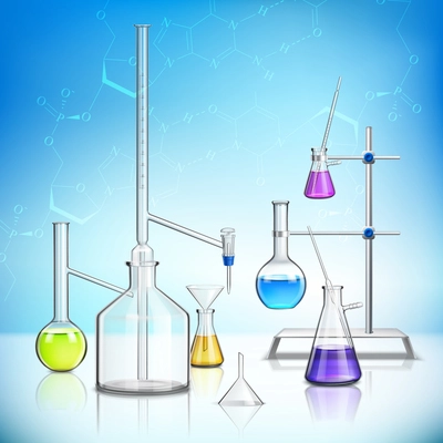 Laboratory glassware composition with chemistry and biology symbols realistic  vector illustration