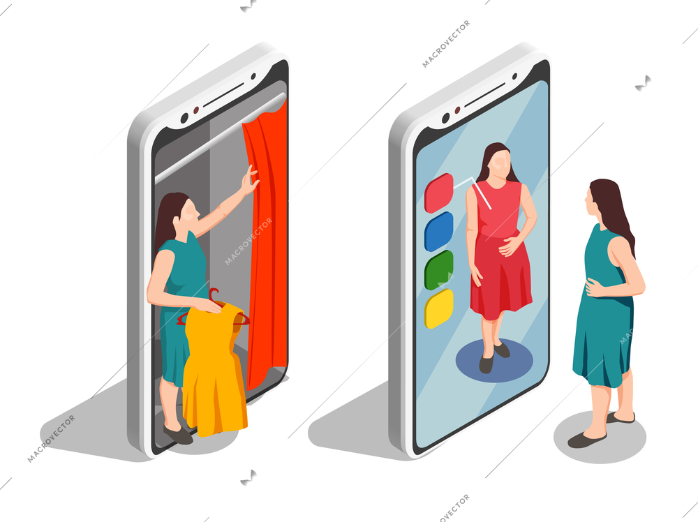Consumers isometric set with fitting room and smartphone isolated vector illustration