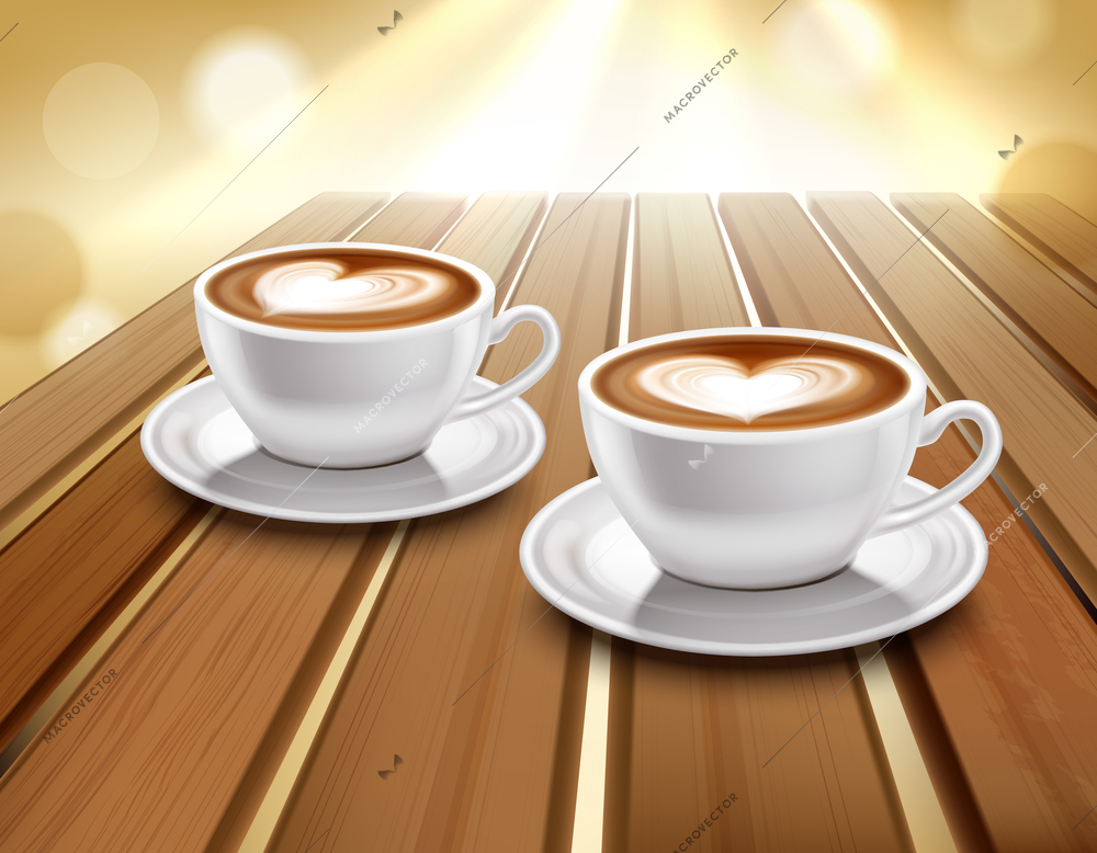 Cups of latte and cappuccino coffee on wooden table realistic vector illustration