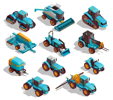 Agricultural machines isometric icons set with tractor and sprayer isolated vector illustration