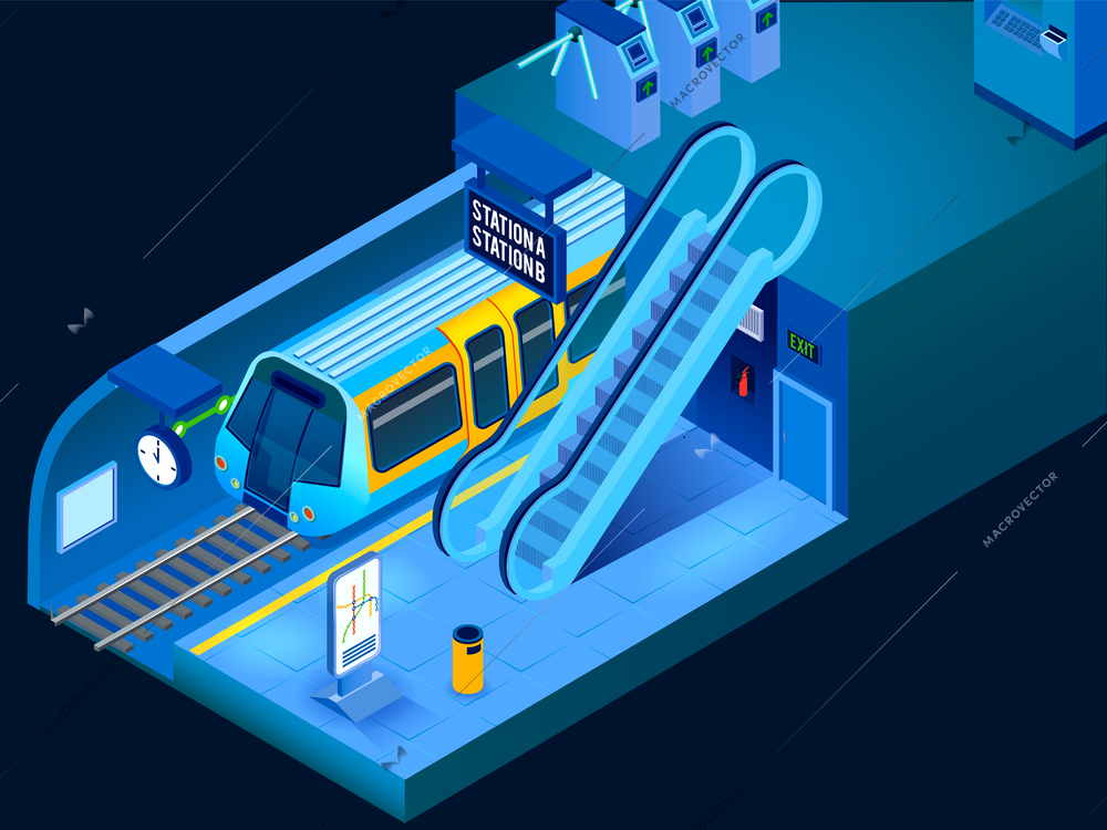 Empty underground metro station and arriving train horizontal isometric 3d vector illustration