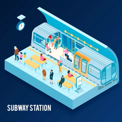 Isometric concept with underground subway station and people sitting in train and on platform on blue background 3d vector illustration