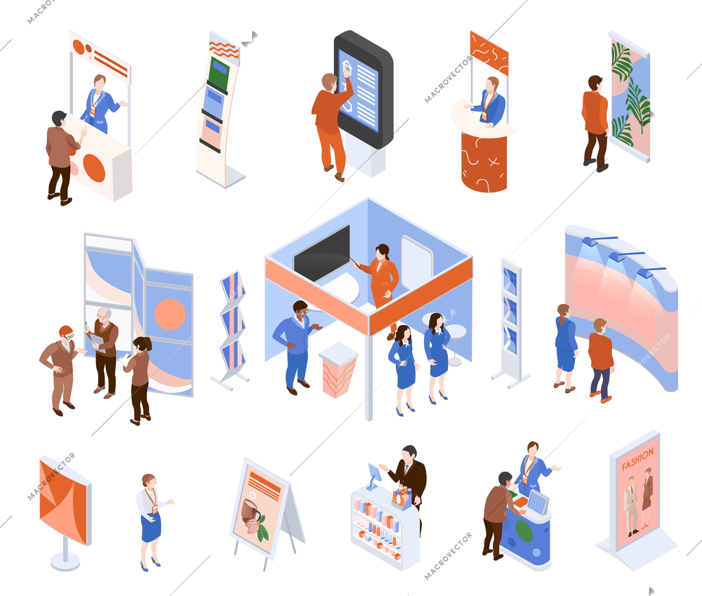 Isometric expo trade exhibition set with people looking at promotional stands isolated on white background 3d vector illustration