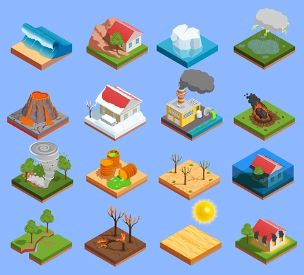 Natural disaster isometric icons set with volcano eruption and flood isolated vector illustration