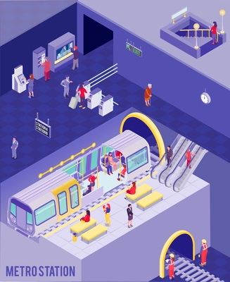 Colorful isometric poster with people at underground metro station 3d vector illustration