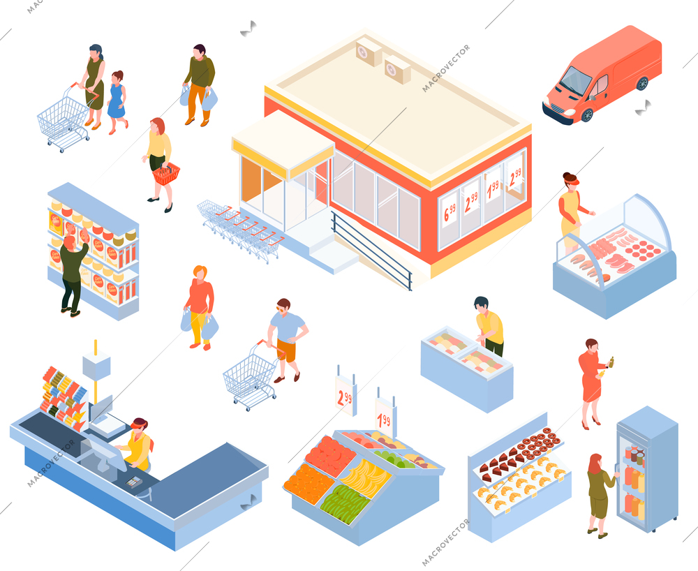 People doing shopping in supermarket colorful isometric icons set isolated on white background 3d vector illustration