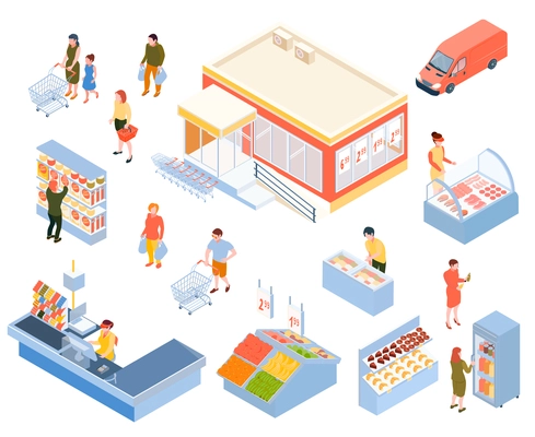 People doing shopping in supermarket colorful isometric icons set isolated on white background 3d vector illustration