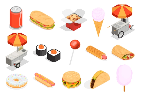 Street food icons set with sweets and fast food symbols isometric isolated vector illustration