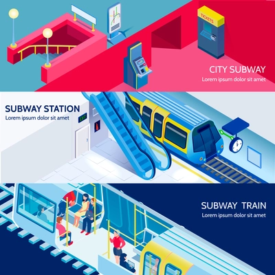 Underground subway station and train isometric horizontal banners set 3d isolated vector illustration