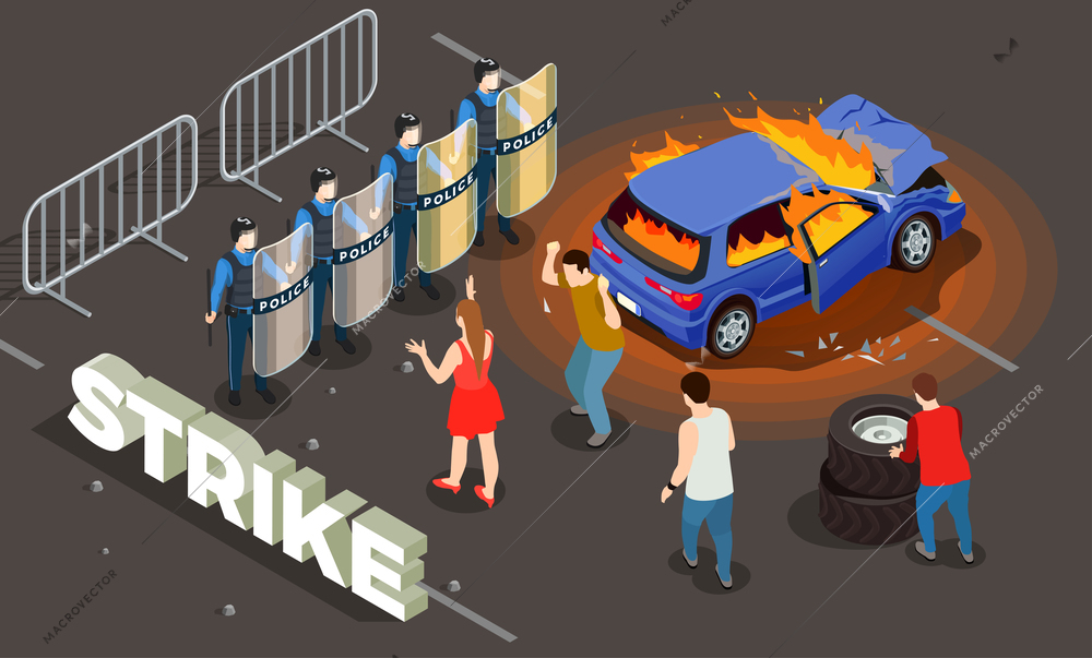 Police isometric background with strike police and people symbols vector illustration