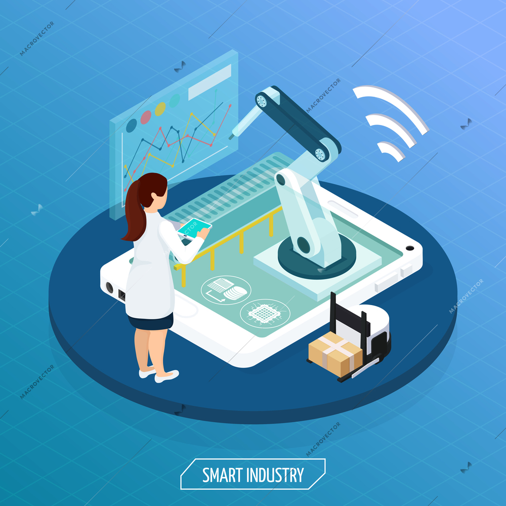 Smart industry isometric conceptual composition with human character operating remote automated manipulator set on tablet screen vector illustration