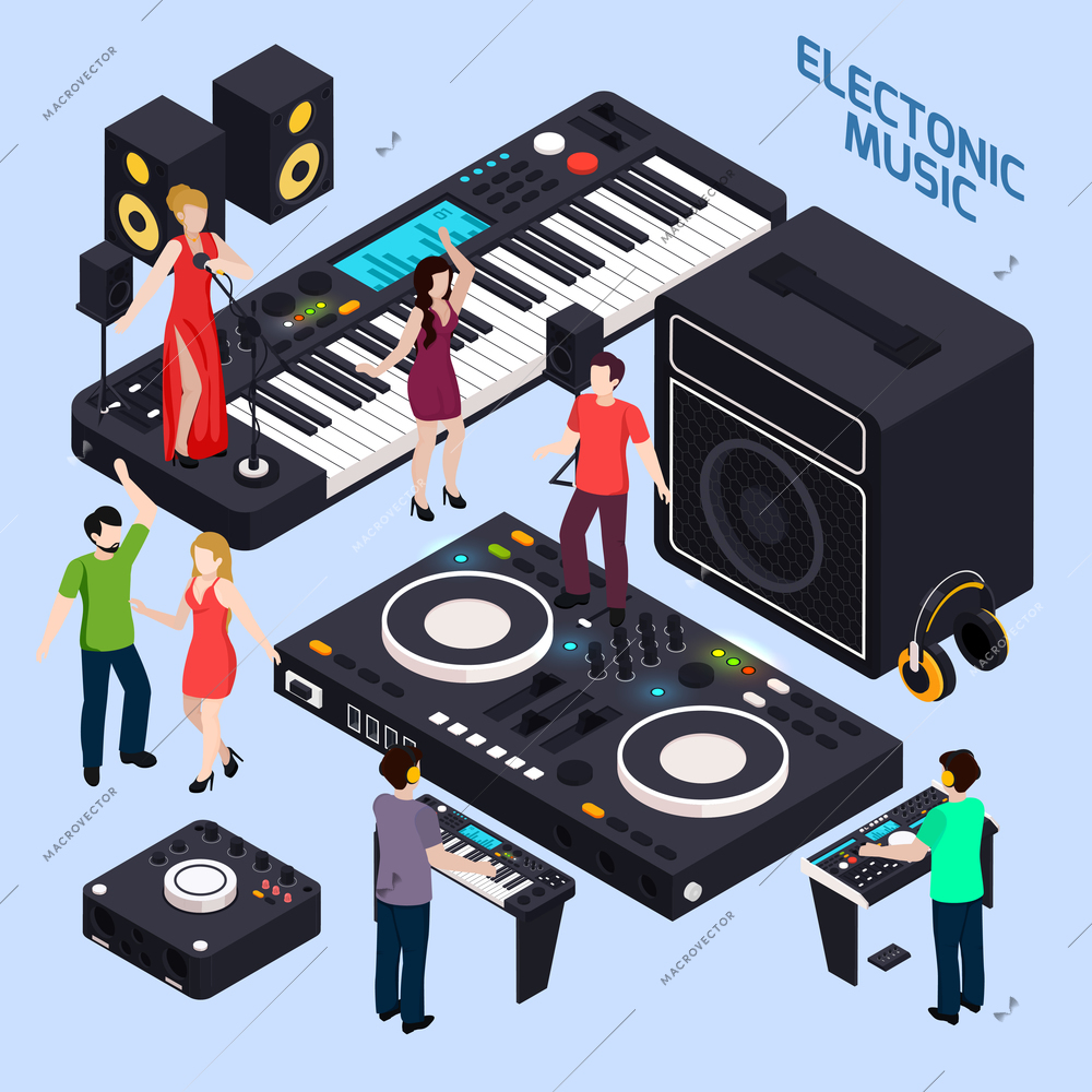 Music recording studio equipment isometric conceptual composition with dancing people on keys and dj audio devices vector illustration