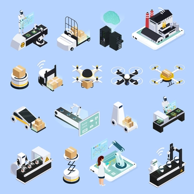 Smart industry isometric icons set with isolated images of automated production facilities with robots and drones vector illustration
