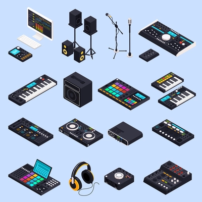Music recording studio equipment isometric icons set with isolated images of professional audio devices speakers keyboards vector illustration