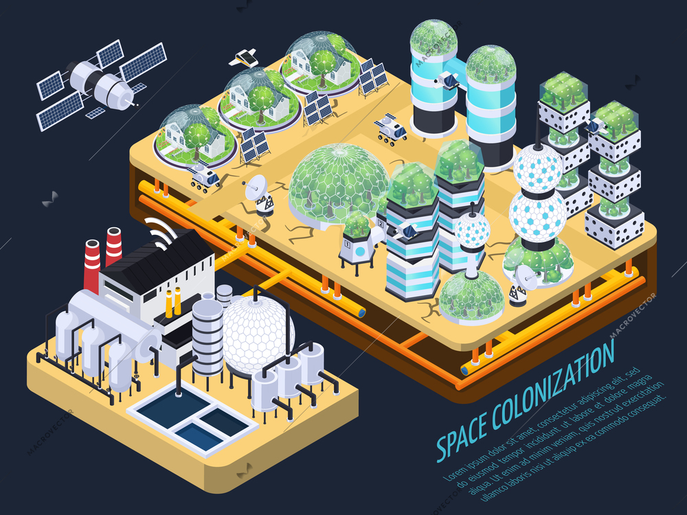 Space colonization terraforming isometric composition with images of plants and technical facilities with editable text description vector illustration