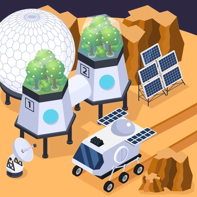 Space colonization terraforming isometric composition with rover vehicle solar arrays and other equipment on martian landform vector illustration