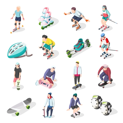 Roller and skateboarders isometric icons set of athletes sport equipment and elements of body protection vector illustration