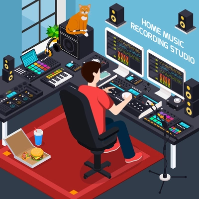 Music recording studio isometric composition with images of pro audio equipment in private environment home interior vector illustration