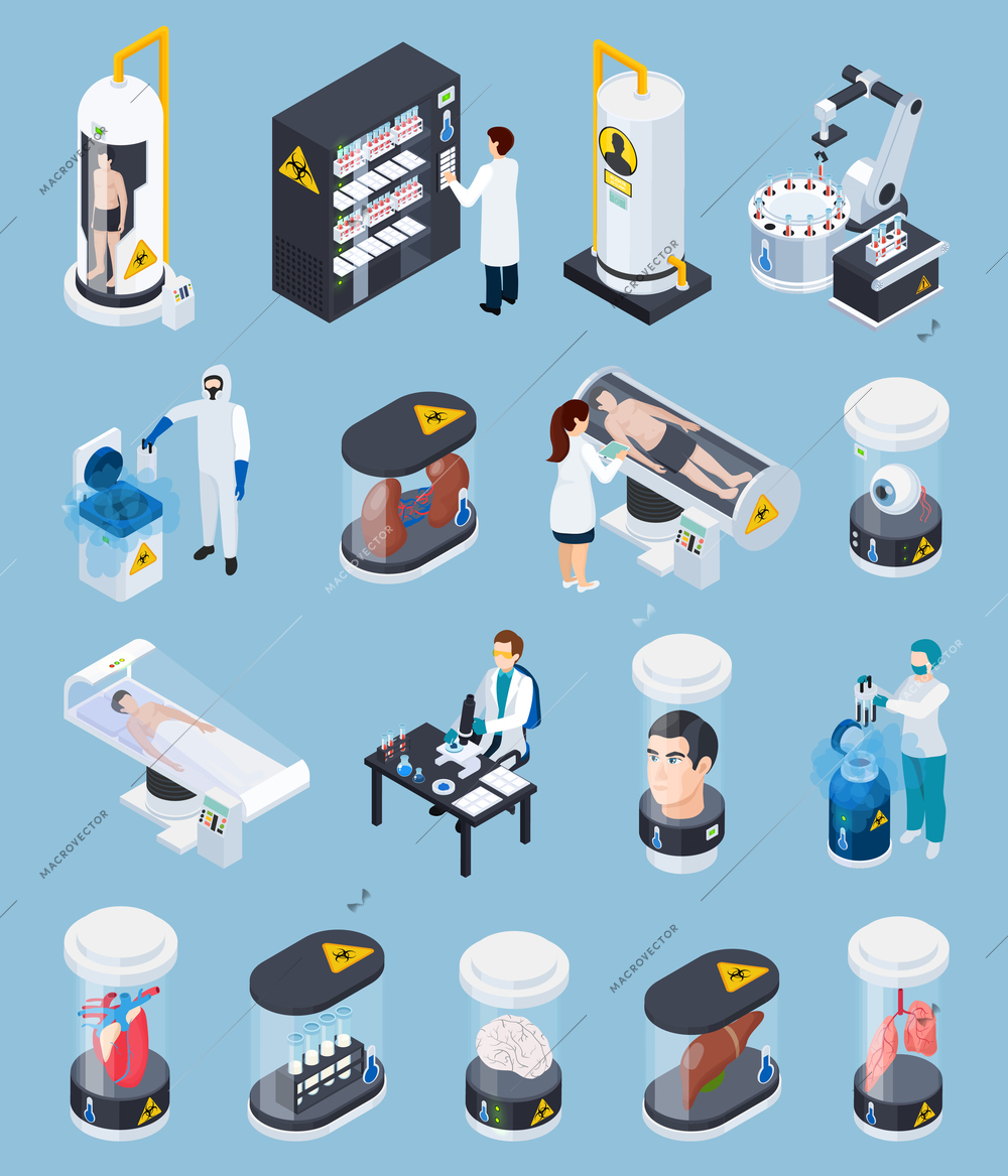 Cryonics cryogenics transplantation isometric icons set of isolated organs in containers and people in cryo chambers vector illustration