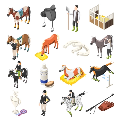 Horse riding isometric set of horses riders jockey accessories and stable staff isolated icons vector illustration