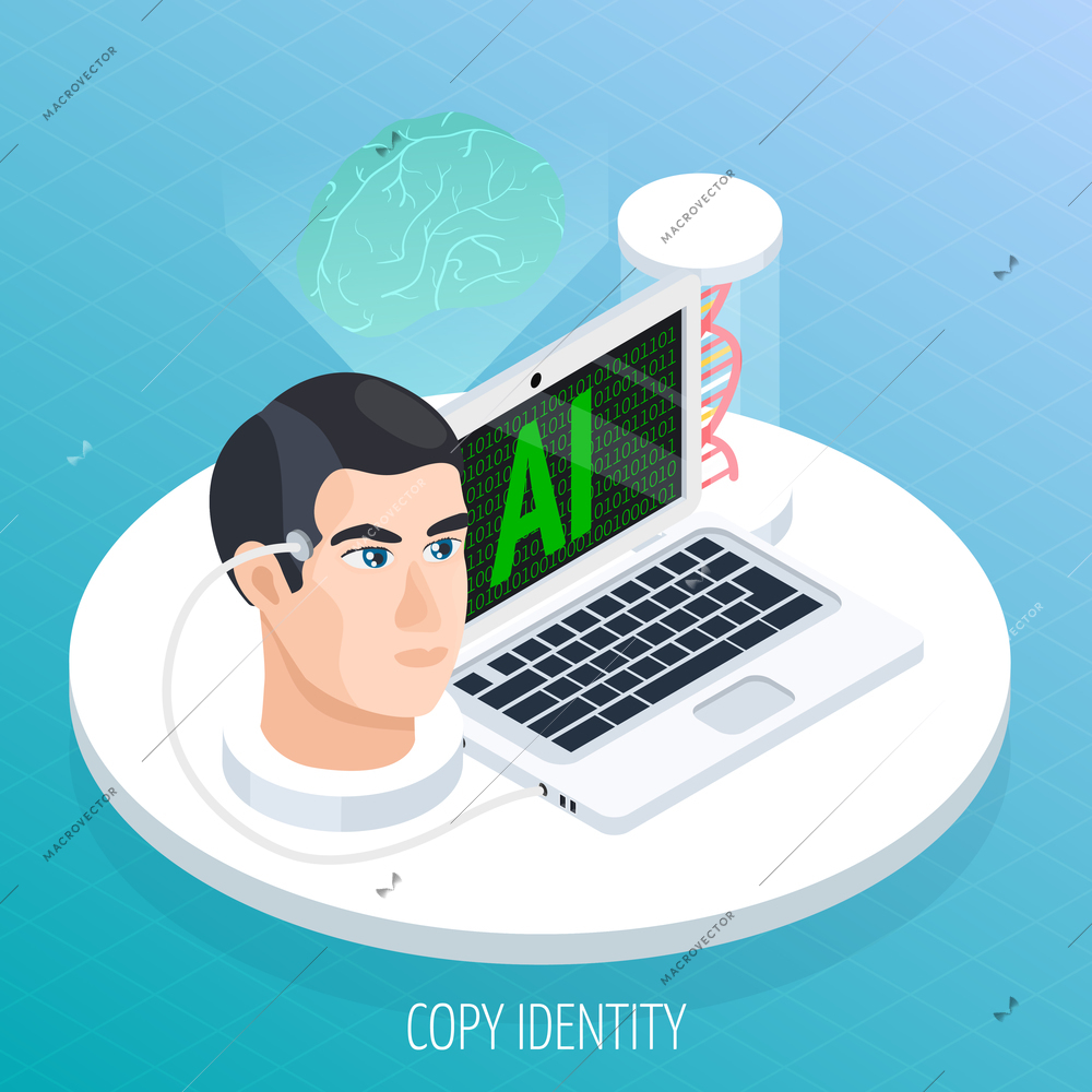 Artificial intelligence mind archivation isometric composition with human head connected to digitizing computer software with dna vector illustration