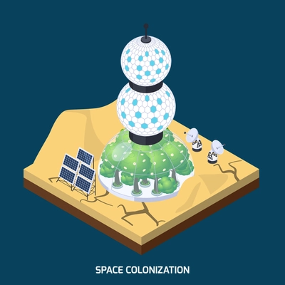 Space colonization terraforming isometric composition with piece of planet landform and cultivation module with live plants vector illustration