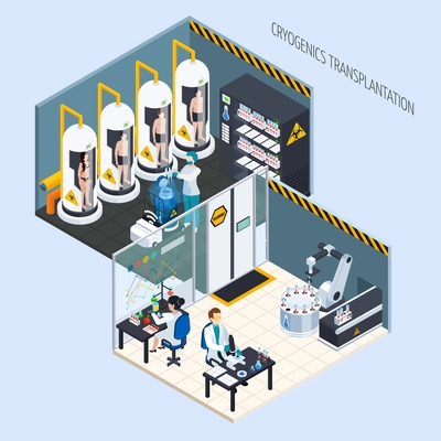 Cryonics cryogenics transplantation isometric composition with view of two cryogeny lab rooms with people and equipment vector illustration